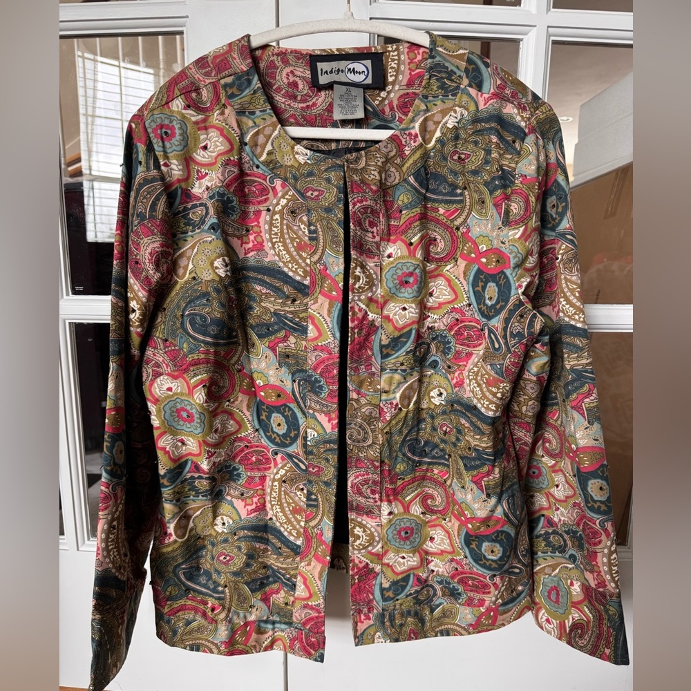 VTG Indigo Moon Collarless Paisley Blazer Jacket XL Pink Green Beaded Boho Artsy